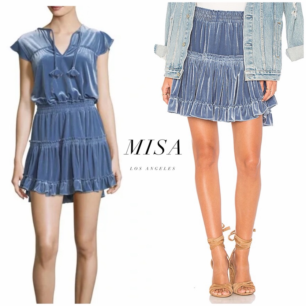 Like New - MISA Los Angeles Blue Velvet Ruffle Skirt (L)